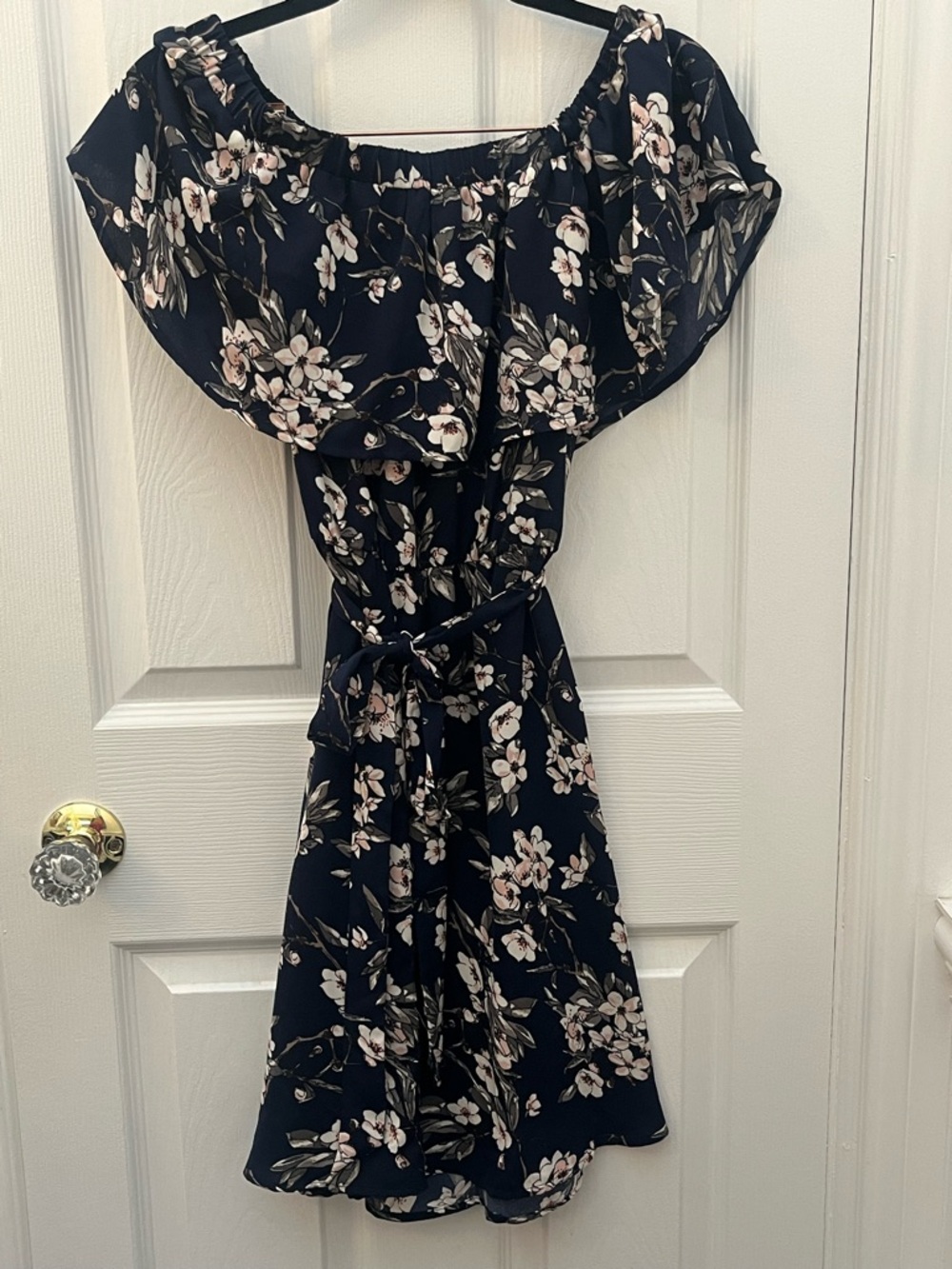 Lush Navy Off the Shoulder Floral Dress with Tie